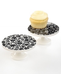 Elegance is easy with mini Geneva cake stands from Martha Stewart Collection. Allover black and white florals with an antique feel make cupcakes and tarts look especially irresistible. Elegance is easy with mini Geneva cake stands from Martha Stewart Collection. Allover black and white florals with an antique feel make cupcakes and tarts look especially irresistible.