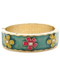 Give her flowers that will never die. Betsey Johnson's chic slip-on bangle features a glittery blue surface decorated with pink and yellow crystal-accented flowers. Set in gold-plated mixed metal. Approximate diameter: 4 inches. Give her flowers that will never die. Betsey Johnson's chic slip-on bangle features a glittery blue surface decorated with pink and yellow crystal-accented flowers. Set in gold-plated mixed metal. Approximate diameter: 4 inches.