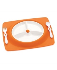 Baby's first place setting! This food-safe, dishwasher safe and refrigerator safe plate, utensil and tray set is a fun essential! Baby's first place setting! This food-safe, dishwasher safe and refrigerator safe plate, utensil and tray set is a fun essential!
