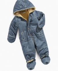 Quilted denim snowsuit by First Impressions will keep him cozy and comfortable during the winter months. Quilted denim snowsuit by First Impressions will keep him cozy and comfortable during the winter months.