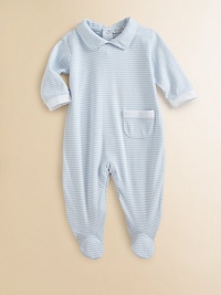This precious one-piece is crafted in plush pima cotton and adorned with ruffles and stripes for sweet baby style.Peter Pan collarLong sleeves with ruffle cuffsPatch pocketBack snapsBottom snapsPima cottonMachine washImported Please note: Number of snaps may vary depending on size ordered. This precious one-piece is crafted in plush pima cotton and adorned with ruffles and stripes for sweet baby style.Peter Pan collarLong sleeves with ruffle cuffsPatch pocketBack snapsBottom snapsPima cottonMachine washImported Please note: Number of snaps may vary depending on size ordered.