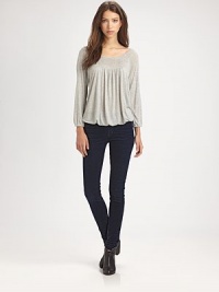 Soft heather jersey, slightly gathered at the bodice for a feminine blouson silhouette.BoatneckGathered sleevesDropped yokeElastic hemViscoseMachine washImportedModel shown is 5'8½ (174cm) wearing US size Small. Soft heather jersey, slightly gathered at the bodice for a feminine blouson silhouette.BoatneckGathered sleevesDropped yokeElastic hemViscoseMachine washImportedModel shown is 5'8½ (174cm) wearing US size Small.
