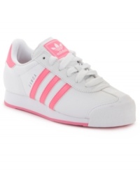 Extra laces allow for custom styling on adidas' Samoa women's leather sneakers. They provide plenty of functional factors as well, including: synthetic lining for comfort and EVA midsole for lightweight cushioning; a toe guard for added protection; and a trefoil-patterned rubber outsole for grip. Extra laces allow for custom styling on adidas' Samoa women's leather sneakers. They provide plenty of functional factors as well, including: synthetic lining for comfort and EVA midsole for lightweight cushioning; a toe guard for added protection; and a trefoil-patterned rubber outsole for grip.