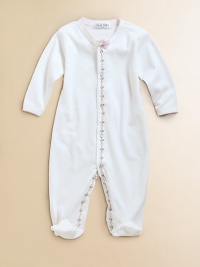 The softest cotton one-piece, with attached feet and charming floral vine trim.Snap closuresLong sleevesPicot edgingMachine washCottonImported The softest cotton one-piece, with attached feet and charming floral vine trim.Snap closuresLong sleevesPicot edgingMachine washCottonImported