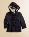 Featuring check lining, classic toggles and an attached hood, this coat made from plush wool is a cold-weather must-wear.Attached hoodLong sleeves with button cuffsToggle button closurePatch pocketsFully linedWoolDry cleanImported Please note: Number of buttons may vary depending on size ordered. 