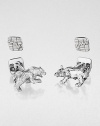 Shiny sterling silver cuff links in a moneyed bull & bear design.Sterling silverAbout .87 diam.Made in USA
