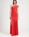 Brightly-hued chiffon jersey, tailored with elegant ruching and a flattering criss-cross construction.Asymmetrical necklineSingle cap sleeve with split shoulderRuched criss-cross bodiceSide slitFully linedAbout 42 from natural waistAcetate/nylonDry cleanImportedModel shown is 5'11 (180cm) wearing US size Small. 