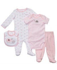 Basis get a fun elephant-themed boost in this darling 4-piece bodysuit, pant, coverall and bib set from Carter's. Basis get a fun elephant-themed boost in this darling 4-piece bodysuit, pant, coverall and bib set from Carter's.