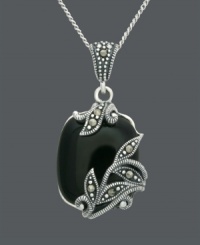 Let elegance unfurl at your neckline. Genevieve & Grace pendant features a scrolling, floral pattern enveloping an onyx cabochon gemstone (17 mm x 15 mm). Crafted in sterling silver with glittering marcasite accents. Approximate length: 18 inches. Approximate drop: 1-1/4 inches. Let elegance unfurl at your neckline. Genevieve & Grace pendant features a scrolling, floral pattern enveloping an onyx cabochon gemstone (17 mm x 15 mm). Crafted in sterling silver with glittering marcasite accents. Approximate length: 18 inches. Approximate drop: 1-1/4 inches.