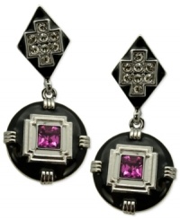 Period pieces de resistance. T Tahari captures the Art Deco era with its Definitely Deco drop earrings. Crafted from silver-tone mixed metal with fuchsia and clear crystal accents for a vibrant touch. Approximate drop: 2 inches. Period pieces de resistance. T Tahari captures the Art Deco era with its Definitely Deco drop earrings. Crafted from silver-tone mixed metal with fuchsia and clear crystal accents for a vibrant touch. Approximate drop: 2 inches.