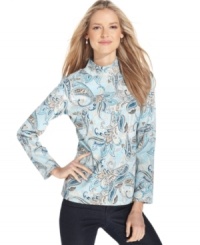 Karen Scott's paisley-print mock-turtleneck top lends the right pop of color to anything, from jeans to khakis!