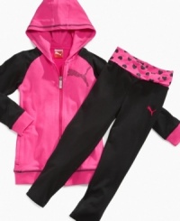 Big, bold colorblocking and raglan sleeves on this hoodie from Puma give her a cozy look that boosts her casual cute. Big, bold colorblocking and raglan sleeves on this hoodie from Puma give her a cozy look that boosts her casual cute.