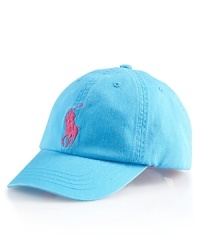 A preppy baseball cap in signature cotton twill features athletic-inspired embroidery for iconic heritage. A preppy baseball cap in signature cotton twill features athletic-inspired embroidery for iconic heritage.