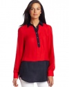 AK Anne Klein Women's Petite Color Block Tunic Top, Red Poppy, Medium