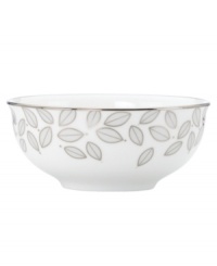 Gleaming leaves rain down on this white bone china bowl, topped off with a platinum rim. From Lenox Lifestyle dinnerware, these dishes are playfully modern and naturally chic, and have an enchanting look that's fresh and perfect for every occasion. (Clearance) Gleaming leaves rain down on this white bone china bowl, topped off with a platinum rim. From Lenox Lifestyle dinnerware, these dishes are playfully modern and naturally chic, and have an enchanting look that's fresh and perfect for every occasion. (Clearance)