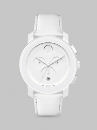 A sleek and modern timepiece designed with a minimalist style, all-white design and Swiss quartz precision. Round bezel Quartz movement Water resistant to 3 ATM Date function at 6 o'clock Second hand Stainless steel/composite case: 43.5mm (1.71) Leather strap Imported 