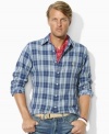 Cut for a relaxed, classic fit, a long-sleeved shirt is crafted in soft cotton twill with a handsome plaid pattern.