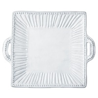 Handmade from Venetian terra marrone, or brown clay, this white square handled platter brings a note of rustic elegance to your dining table. Handmade from Venetian terra marrone, or brown clay, this white square handled platter brings a note of rustic elegance to your dining table.