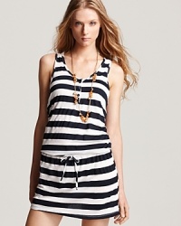 Statement stripes come about on Splendid's nautical tank dress. When it's time to take cover, this drawstring mini is ship-shape worn with boat shoes and aviator shades. Statement stripes come about on Splendid's nautical tank dress. When it's time to take cover, this drawstring mini is ship-shape worn with boat shoes and aviator shades.