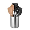 This mixed 6 piece Calphalon utensil set has combined all the kitchen utensil shapes and sizes for you to have true versatility and variety in the kitchen. In wood, nylon and silicone, this is a great all-in-one kitchen utensil tool set. Set includes a nylon slotted spoon, a nylon slotted turner, a medium wood spoon, a wood all purpose turner, a silicone small scraper, a silicone large scraper, a stainless crock. Grip-anywhere handle on all utensils. Nylon and silicone utensils feature a heat-resistant, soft-touch silicone handle for more comfort and control.