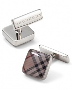 Square, borderless cufflinks with beat check pattern. Logo stamped on back of clasp closure.