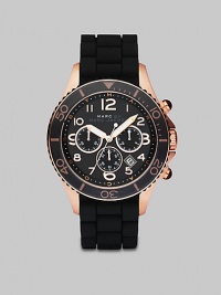 Black meets gold for a dramatic timepiece for the sophisticated man.QuartzRound case, about 46mm (1.8)Black dialThree-eye chronograph functionalityDate display at 4 o'clockRose gold arabicsSecond handBlack silicon strapMade in Japan Black meets gold for a dramatic timepiece for the sophisticated man.QuartzRound case, about 46mm (1.8)Black dialThree-eye chronograph functionalityDate display at 4 o'clockRose gold arabicsSecond handBlack silicon strapMade in Japan
