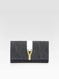 A sleek pairing of denim and leather defines this flap front bag, accented with signature Y hardware.Flap and snap closureOne inside open pocketSatin lining11W X 6½H X 1¼DMade in Italy A sleek pairing of denim and leather defines this flap front bag, accented with signature Y hardware.Flap and snap closureOne inside open pocketSatin lining11W X 6½H X 1¼DMade in Italy