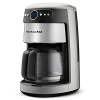 With practically everything you could ever want in a coffee maker, the KitchenAid 14-cup glass carafe with drip-less spout, is a worry-free machine. Easy-access brew basket door with flat bottom brew basket and shower head design. Time since brewed feature for the freshest cup around.