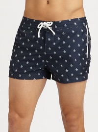 A sleek, form-fitting look with a Penguin-logo print that revives a classic beach style. Drawstring waistSide, back pocketsMesh liningInseam, about 3PolyesterMachine washImported A sleek, form-fitting look with a Penguin-logo print that revives a classic beach style. Drawstring waistSide, back pocketsMesh liningInseam, about 3PolyesterMachine washImported