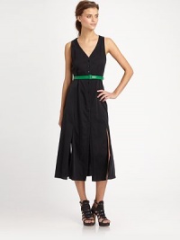 Silk-rich v-neck in a sophisticated, lengthy silhouette, finished with a button front, contrasting leather belt and plethora of sultry slits. Button frontDetachable leather beltSide and back slitsAbout 30 from natural waist61% silk/39% cottonDry cleanImportedModel shown is 5'10 (177cm) wearing US size 2. Silk-rich v-neck in a sophisticated, lengthy silhouette, finished with a button front, contrasting leather belt and plethora of sultry slits. Button frontDetachable leather beltSide and back slitsAbout 30 from natural waist61% silk/39% cottonDry cleanImportedModel shown is 5'10 (177cm) wearing US size 2.