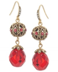 Make every day a red-letter one with this pair of double-drop earrings from Carolee. Crafted from gold-tone mixed metal, the earrings stand out with red beads and glass stones adding appeal. Approximate drop: 1-5/8 inches. Make every day a red-letter one with this pair of double-drop earrings from Carolee. Crafted from gold-tone mixed metal, the earrings stand out with red beads and glass stones adding appeal. Approximate drop: 1-5/8 inches.