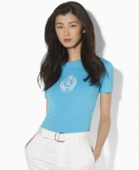 The epitome of chic heritage and easy style, Lauren by Ralph Lauren's classic tee in soft cotton jersey is embroidered with a bold crest at the front The epitome of chic heritage and easy style, Lauren by Ralph Lauren's classic tee in soft cotton jersey is embroidered with a bold crest at the front