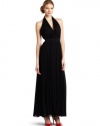 Halston Heritage Women's Pleated V-Neck Gown with Self Belt, Black, 4