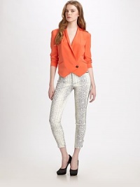 Luxe python-print lends a touch of glam this this oh-so-sleek silhouette tailored with a sophisticated crop.Tab-front waistZip-flyFlat frontSlash pocketsSide pipingZipper hemsBack patch pocketsRise, about 7½Inseam, about 28½65% polyseter/33% viscose/2% elastaneDry cleanImportedModel shown is 5'10½ (179cm) wearing US size 4. Luxe python-print lends a touch of glam this this oh-so-sleek silhouette tailored with a sophisticated crop.Tab-front waistZip-flyFlat frontSlash pocketsSide pipingZipper hemsBack patch pocketsRise, about 7½Inseam, about 28½65% polyseter/33% viscose/2% elastaneDry cleanImportedModel shown is 5'10½ (179cm) wearing US size 4.