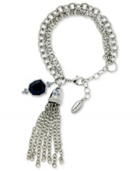 Worth the tassel. Silver stands out in this link bracelet from T Tahari. Crafted of silver-tone, nickel-free mixed metal, the bracelet features a tassel pendant and black accents. Approximate length: 7-1/2 inches + 3-inch extender. Approximate drop: 4-1/4 inches. Worth the tassel. Silver stands out in this link bracelet from T Tahari. Crafted of silver-tone, nickel-free mixed metal, the bracelet features a tassel pendant and black accents. Approximate length: 7-1/2 inches + 3-inch extender. Approximate drop: 4-1/4 inches.