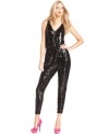 Allover sequins make this RACHEL Rachel Roy jumpsuit an ultra-glam pick for hot soiree style!