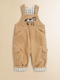 Every little guy needs overalls, and these are especially refined in plush cotton corduroy with a plaid twill lining and a frisky appliquéd horsie on the bib.Button strapsAppliquéd horse on bibMock flyAngled front pocket flapsButton sidesButton flap cargo pocketsBack patch pocketsInseam snaps of back cuffCottonMachine washImported Every little guy needs overalls, and these are especially refined in plush cotton corduroy with a plaid twill lining and a frisky appliquéd horsie on the bib.Button strapsAppliquéd horse on bibMock flyAngled front pocket flapsButton sidesButton flap cargo pocketsBack patch pocketsInseam snaps of back cuffCottonMachine washImported