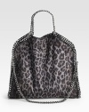 An animal printed faux suede style with shiny link chain trim in a chic fold-over design that follows the brand's vegetarian initiatives.Double chain top handles, 5 dropChain shoulder strap, 11 dropMagnetic snap closureOne inside zip pocketFully lined14W X 14½H X 3DMade in Italy