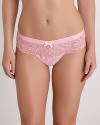 A sheer lace thong with wide sides and contrast bow on front. Style #722607