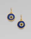 From the Evil Eye Collection. An evil eye, richly framed in 24k gold, wards off negativity while looking divine.24k yellow gold Glass length, about 1 Diameter, about ½ Ear wire Imported