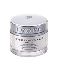 Triple Action Renewal Anti-Wrinkle Night CreamSkin truth: Dermatologists use injections of collagen and hyaluronic acid to fight wrinkles, yet are unable to replace elastin.Lancôme innovation: For the first time from Lancôme, an exclusive Refill-3X complex helps boost the synthesis of the three natural skin fillers - collagen, hyaluronic acid and elastin - at night. This exclusive formula, enriched with patent-pending Anisic Extract, helps complete the nightly cellular renewal process.Powerful anti-wrinkle results:- Immediately, skin feels significantly softer and smoother.- By morning, skin appears refreshed and hydrated. - In 4 weeks, wrinkles appear significantly reduced, as though refilled from within. Skin is noticeably more supple and plumped. Non-comedogenic. Dermatologist-tested for safety.Not equivalent to medical procedures. In-vitro testing on Di-Peptide and Alfalfa Extract shows a boost in the synthesis of collagen, hyaluronic acid and elastin.Size: 2.6 oz. Triple Action Renewal Anti-Wrinkle Night CreamSkin truth: Dermatologists use injections of collagen and hyaluronic acid to fight wrinkles, yet are unable to replace elastin.Lancôme innovation: For the first time from Lancôme, an exclusive Refill-3X complex helps boost the synthesis of the three natural skin fillers - collagen, hyaluronic acid and elastin - at night. This exclusive formula, enriched with patent-pending Anisic Extract, helps complete the nightly cellular renewal process.Powerful anti-wrinkle results:- Immediately, skin feels significantly softer and smoother.- By morning, skin appears refreshed and hydrated. - In 4 weeks, wrinkles appear significantly reduced, as though refilled from within. Skin is noticeably more supple and plumped. Non-comedogenic. Dermatologist-tested for safety.Not equivalent to medical procedures. In-vitro testing on Di-Peptide and Alfalfa Extract shows a boost in the synthesis of collagen, hyaluronic acid and elastin.Size: 2.6 oz.