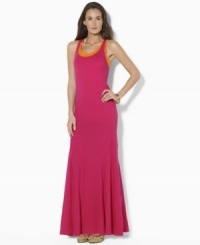 Rendered in soft cotton jersey, this layered maxi dress from Lauren by Ralph Lauren is crafted in a breezy, layered tank silhouette. Rendered in soft cotton jersey, this layered maxi dress from Lauren by Ralph Lauren is crafted in a breezy, layered tank silhouette.