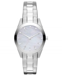A menswear-inspired steel timepiece with a feminine silhouette by DKNY. A menswear-inspired steel timepiece with a feminine silhouette by DKNY.