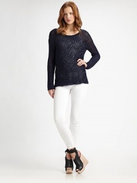 Open-stitch cotton boatneck with dropped shoulders and long dolman sleeves. BoatneckDropped shouldersLong dolman sleevesCottonDry cleanImported Open-stitch cotton boatneck with dropped shoulders and long dolman sleeves. BoatneckDropped shouldersLong dolman sleevesCottonDry cleanImported