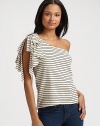 A drapey ruffle tumbles down the side of this soft one-shoulder knit.Bust darts Rounded hem dips lower in back About 23 from shoulder to hem 70% cotton/30% polyester Machine wash Imported