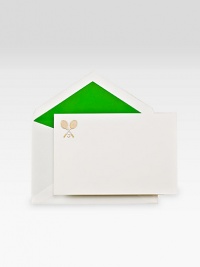 For the pro or aficionado, this set of 15 cotton cards features a gilded, hand-engraved tennis theme. Kelly green-lined envelopes offer a bright touch to the set. Perfect gift idea4.25W X 6.4HMade in USA For the pro or aficionado, this set of 15 cotton cards features a gilded, hand-engraved tennis theme. Kelly green-lined envelopes offer a bright touch to the set. Perfect gift idea4.25W X 6.4HMade in USA