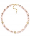 Pretty in pink. Charter Club's sweet style adds a touch of femininity to any look. Collar necklace is crafted in gold tone mixed metal with pink simulated pearls and glass fireballs. Approximate length: 16 inches + 2-inch extender.