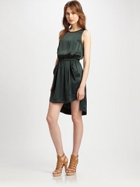 A chic silk design with a hi-lo hem, leather trim and unexpected cut-out. Jewelneck with leather trimSleevelessElastic waistbandCenter ruchingSlash pocketsLeather-covered back buttonsBack cut-outHi-lo hemFront: about 19 from natural waistBack: about 27 from natural waistSilkDry cleanImportedModel shown is 5'9½ (176cm) wearing US size 4. A chic silk design with a hi-lo hem, leather trim and unexpected cut-out. Jewelneck with leather trimSleevelessElastic waistbandCenter ruchingSlash pocketsLeather-covered back buttonsBack cut-outHi-lo hemFront: about 19 from natural waistBack: about 27 from natural waistSilkDry cleanImportedModel shown is 5'9½ (176cm) wearing US size 4.