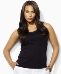 Rendered in fine-ribbed cotton, this Lauren by Ralph Lauren plus size tank is finished with chic chiffon at the scoop neckline. Rendered in fine-ribbed cotton, this Lauren by Ralph Lauren plus size tank is finished with chic chiffon at the scoop neckline.