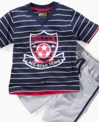 Put me in coach! He'll be ready to play in this adorable t-shirt and short set from Nannette. Put me in coach! He'll be ready to play in this adorable t-shirt and short set from Nannette.